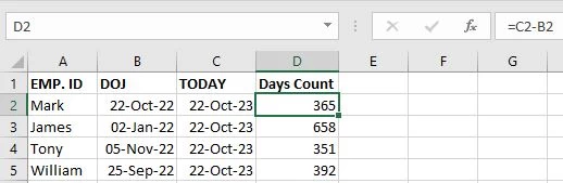 Days Count Formula